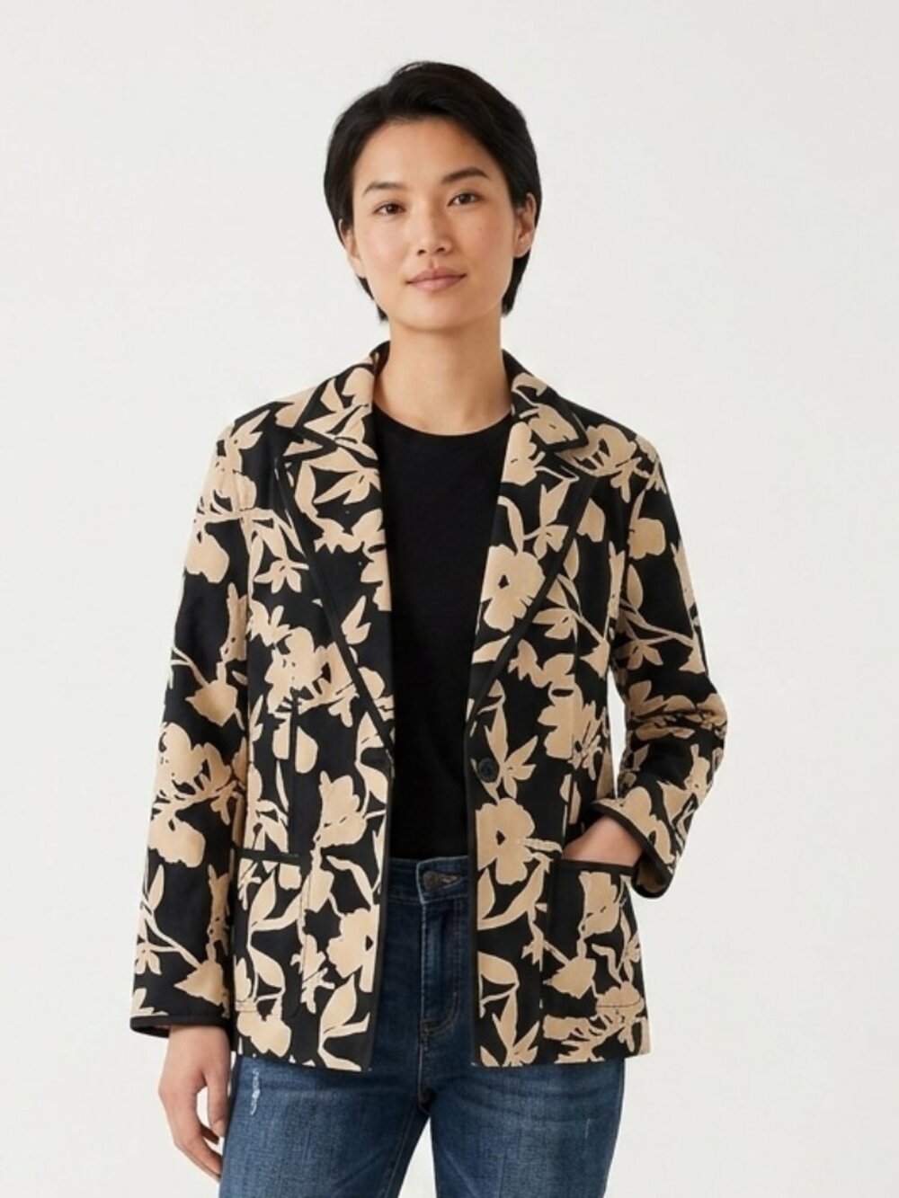 Liz Claiborne Jacket Black Tan Floral Casual Single Breasted 14W